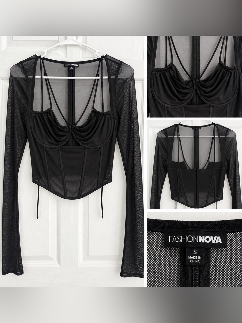Fashion Nova Black Sheer Long-Sleeve Mesh Corset Crop Top